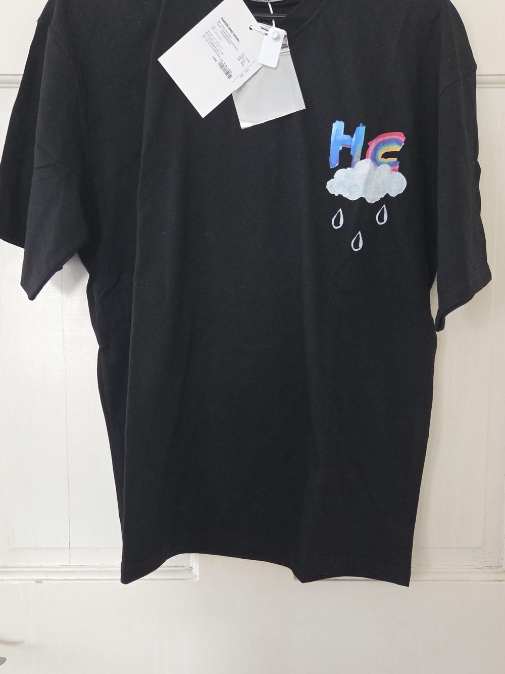 Black Short Sleeve Tee with Colorful Cloud & Rain Graphic